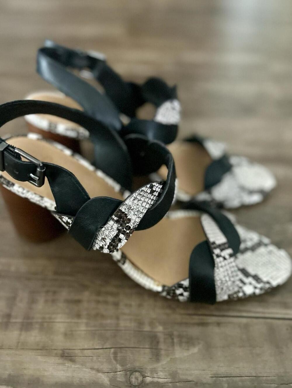 Crown Vintage Varenka Cone Heel Black & White Braided Sandals 9.5
